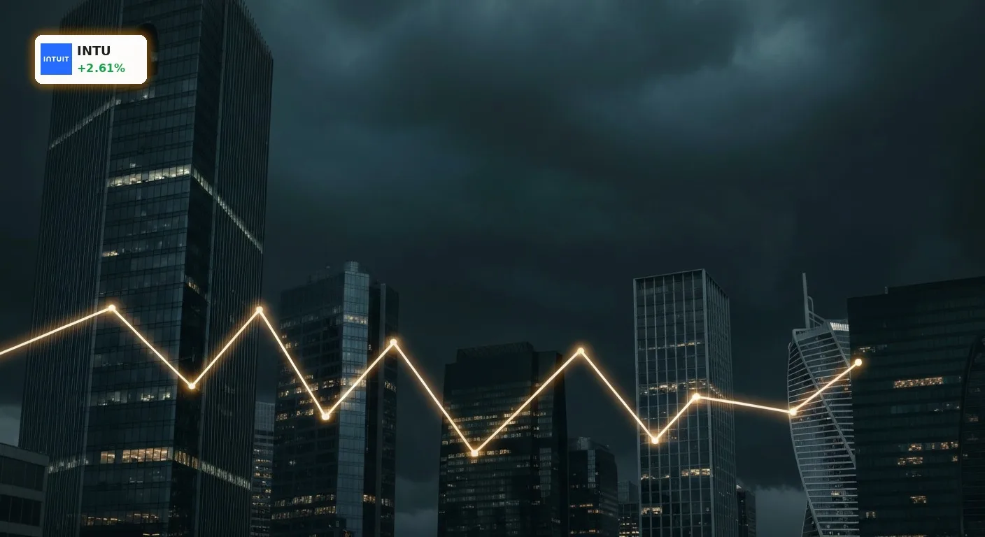 Düstere Wolken über einer Finanz-Skyline symbolisieren die jüngste Intuit Herabstufung an der Börse.