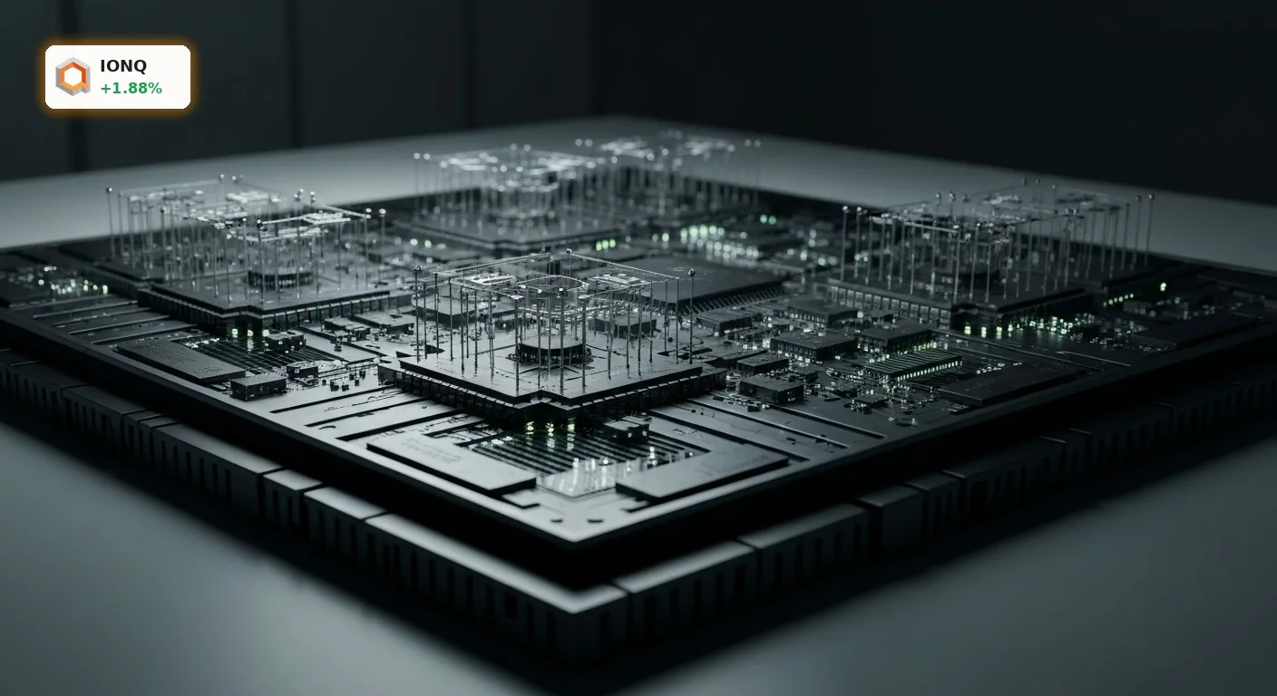 IonQ SkyWater Übernahme: Quantencomputing-Sektor vor Revolution? 5 Nahaufnahme eines futuristischen Quantenchips mit Ion-Fallen in einem Reinraum, symbolisiert die IonQ SkyWater Uebernahme.