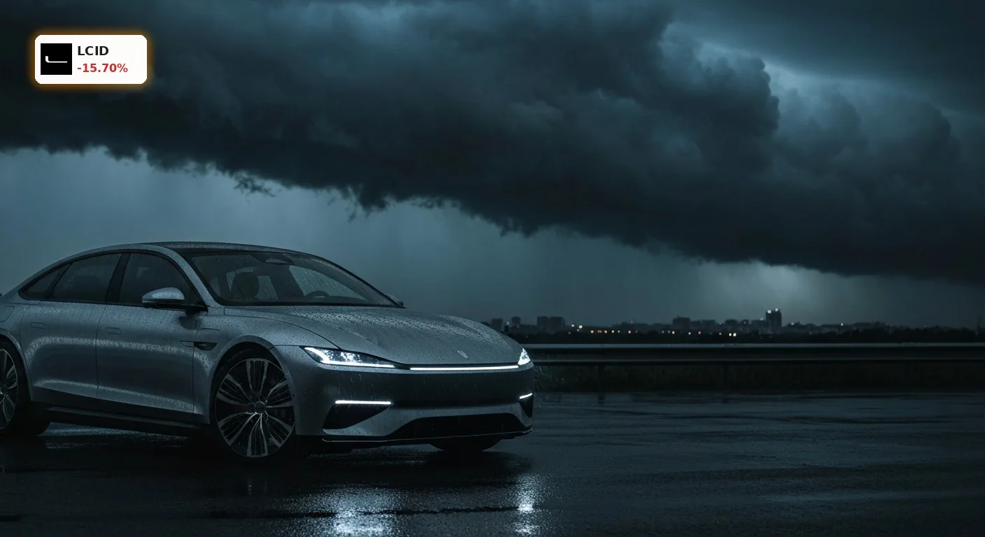 Lucid Group Insolvenz: Aktie bricht nach Gerüchten um 15% ein 5 Luxus-Elektroauto im Sturm vor einer Skyline visualisiert das Risiko einer Lucid Group Insolvenz.