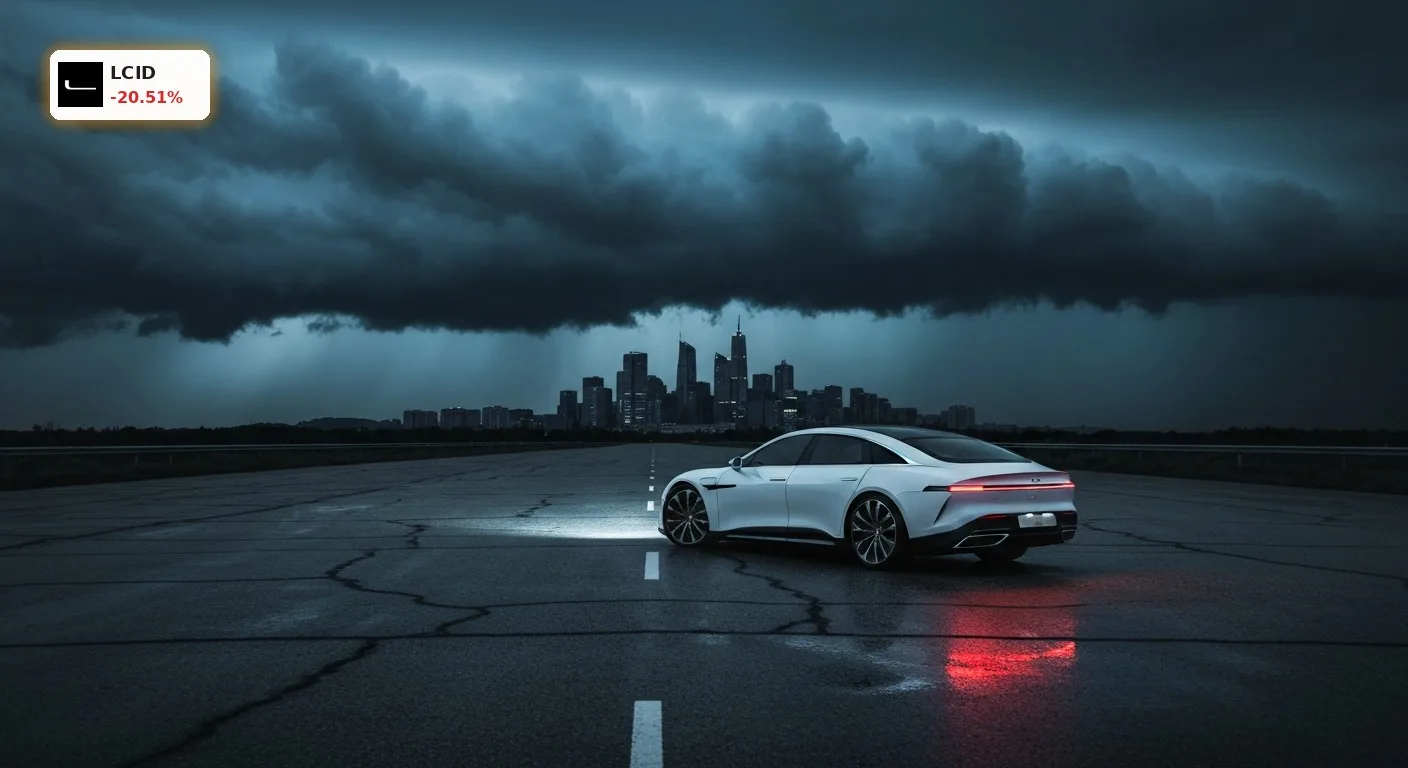 Lucid Insolvenzgerüchte sorgen für -20% Schock bei der Aktie 3 Luxus-Elektroauto unter Gewitterwolken symbolisiert die Lucid Insolvenzgerüchte und den Aktiencrash.