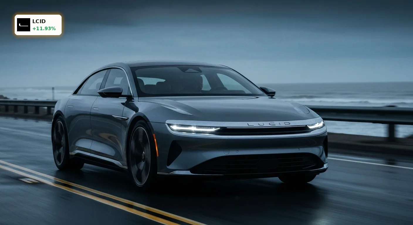 Lucid Insolvenzgerüchte vehement dementiert: Aktie springt um 12% an 3 Lucid Air Elektroauto auf nasser Straße bei Dämmerung entkräftet Lucid Insolvenzgerüchte.