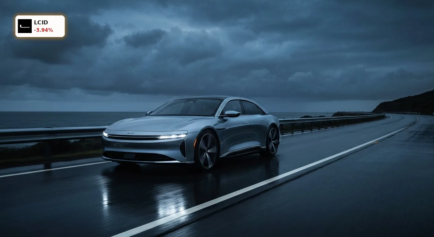 Lucid Group Finanzlage bricht um 3,9% ein: Droht der Crash? 4 Prekäre Lucid Group Finanzlage: Ein Luxus-Elektroauto fährt auf einer nassen Straße unter stürmischem Himmel.
