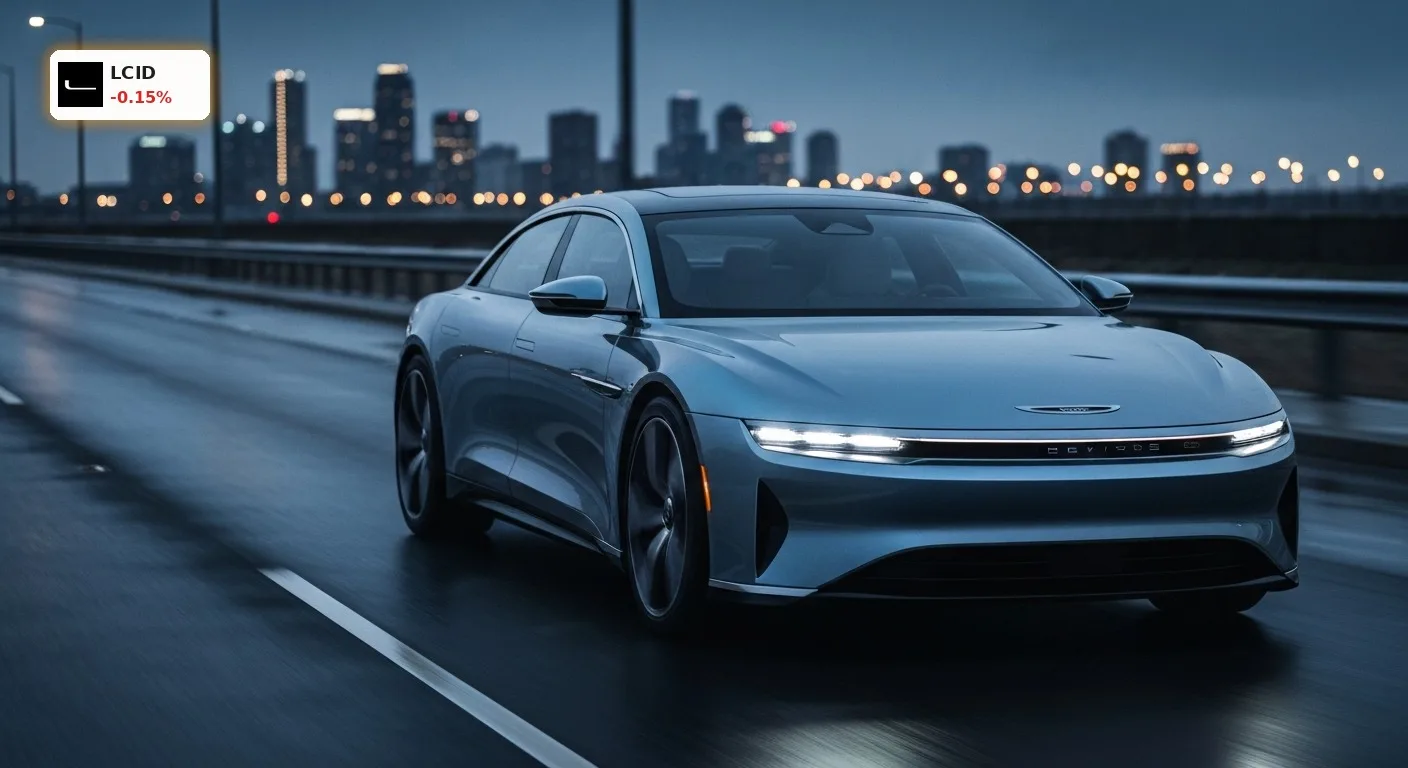 Lucid Group Spekulation: 40% Short Interest bietet enorme Chance 4 Luxus-Elektroauto Lucid Air bei Nacht auf nasser Straße im Fokus der spekulativen Marktbeobachtung zur Lucid Group Spekulation.