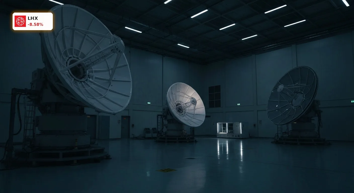 L3Harris Quartalszahlen: -8,6% Schock nach IPO-Verschiebung 5 Moderne Radaranlage oder Satellitenkommunikationsausrüstung in einer dunklen Hightech-Einrichtung, symbolisiert L3Harris Quartalszahlen.