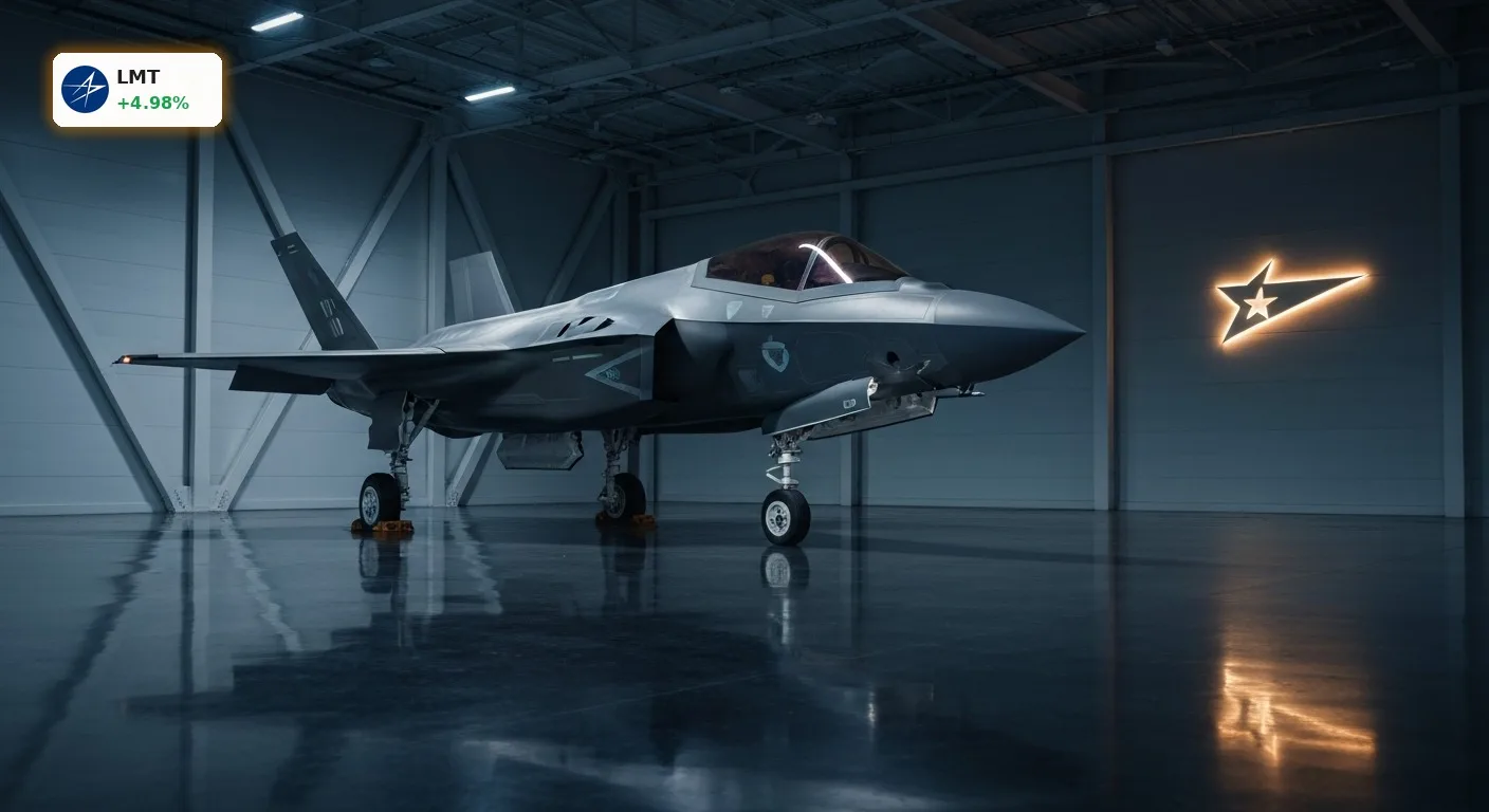 Modernes F-35 Kampfflugzeug in einer High-Tech-Halle nach dem starken Lockheed Martin Quartal.