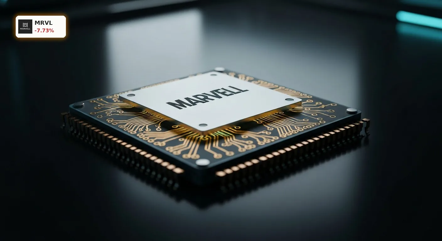 Ein hochentwickelter Marvell Technology Halbleiter auf einer reflektierenden Oberfläche im Studio-Licht.