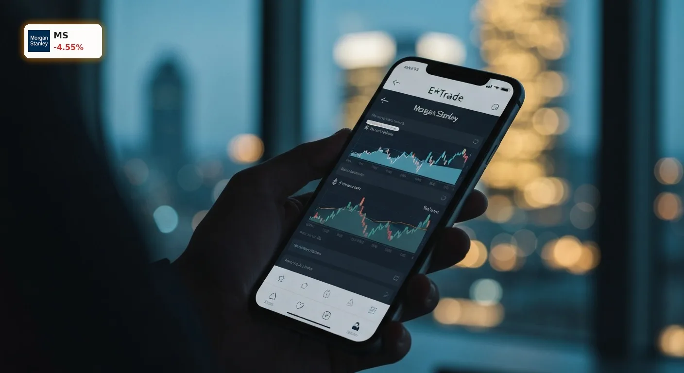 Morgan Stanley Kryptohandel startet: Aktie bricht trotz Rekordzahlen um 4,6% ein 2 Smartphone zeigt die E*Trade App für den Morgan Stanley Kryptohandel vor einer nächtlichen Skyline.