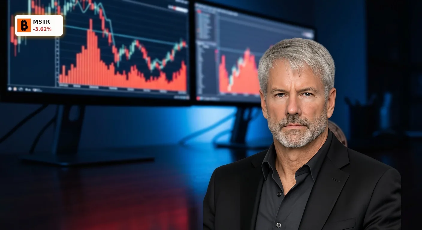 Abwärtsgerichtete Finanzcharts auf Monitoren symbolisieren den Kurssturz nach dem MicroStrategy 8K SEC-Filing.