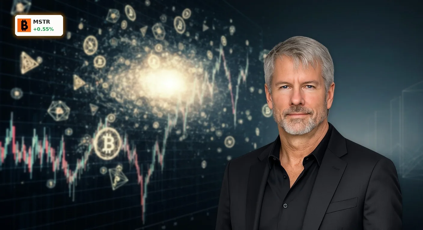 Digitaler Sturm aus Kryptowährungssymbolen um einen fallenden Finanzgraph, der die MicroStrategy Quartalszahlen und den Milliardenverlust symbolisiert.