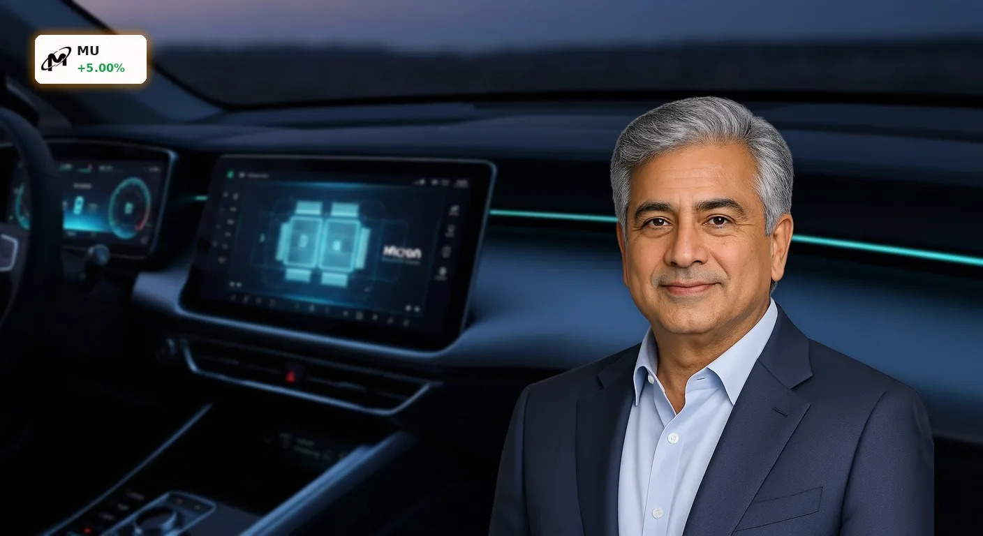 Micron Technologie Aktie +5%: Startet jetzt die nächste Rallye? 3 Moderner Auto-Innenraum mit digitalem Dashboard und Micron Technologie Speicherchip-Visualisierung.