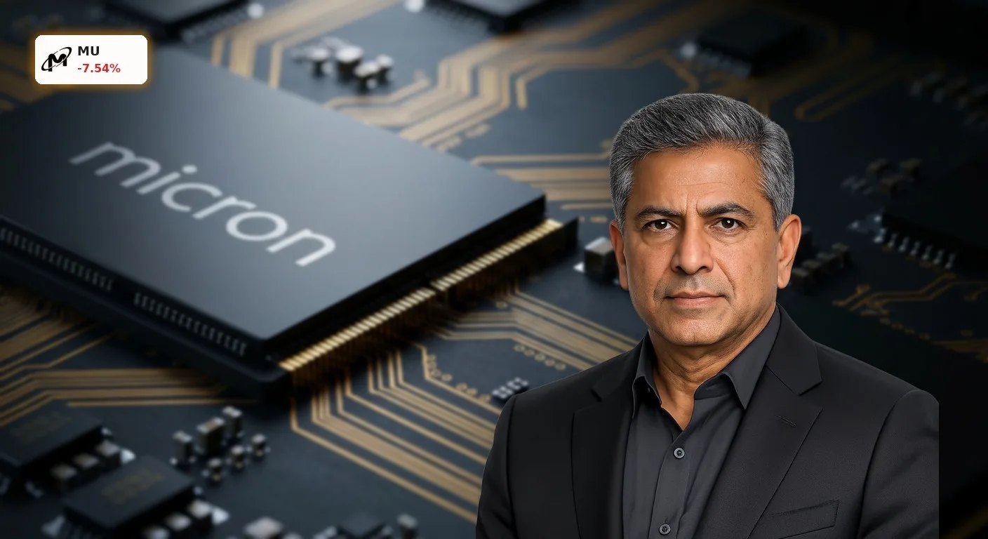 Micron Speicher bricht um 7,5% ein: Tech-Schock belastet Aktie 3 Hochmoderner Micron Speicher auf einer leuchtenden Platine im Rechenzentrum für künstliche Intelligenz.