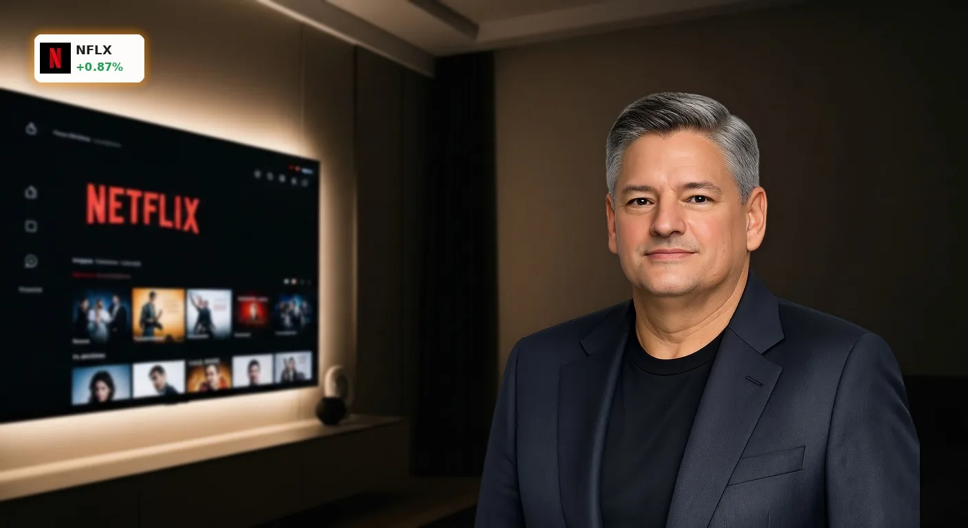 Netflix Quartalszahlen enttäuschen: -7,3% Schock nach Ausblick 4 Netflix Quartalszahlen enttäuschen Anleger: Netflix-Startbildschirm auf einem Fernseher im dunklen Wohnzimmer.