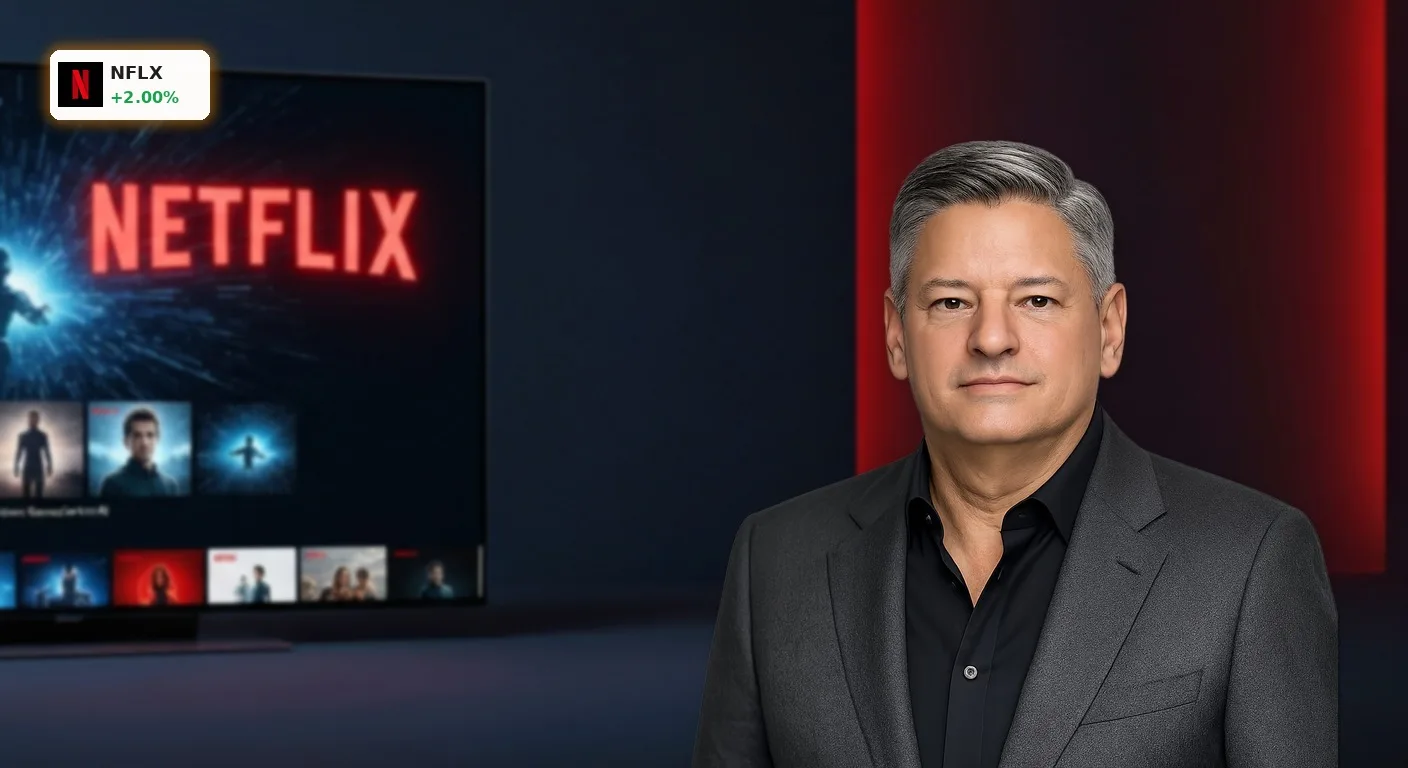 Netflix Quartalszahlen und neue KI-Strategie: Netflix-Logo auf einem modernen Fernseher in dunkler Studioumgebung.