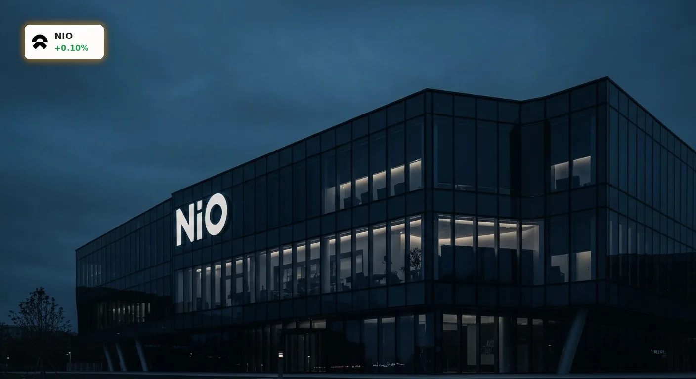 NIO Kaufempfehlung von Goldman Sachs: Aktie winkt 40% Chance 5 NIO Kaufempfehlung: NIO Firmenzentrale bei Dämmerung mit leuchtendem Logo