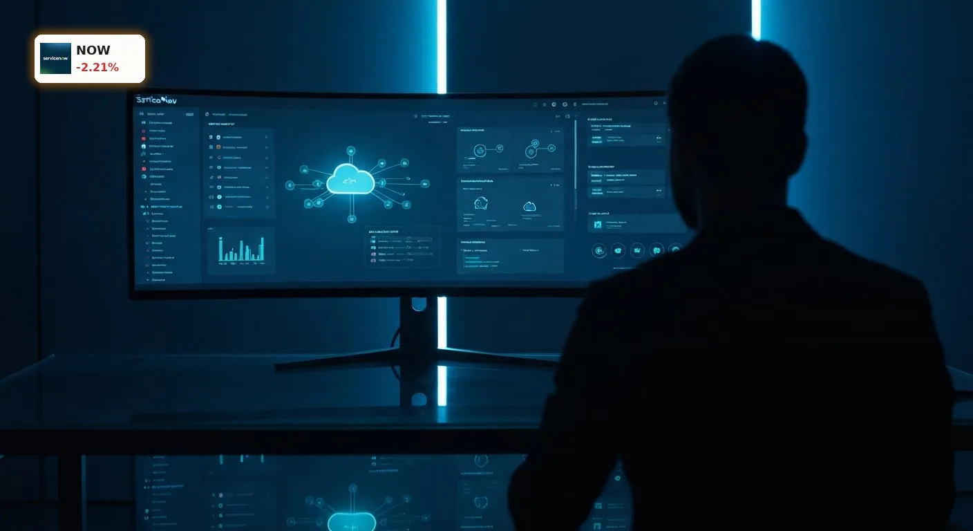 ServiceNow Quartalszahlen: Enterprise-Software-Interface mit KI-Workflows und Datenvisualisierung im modernen Büro.