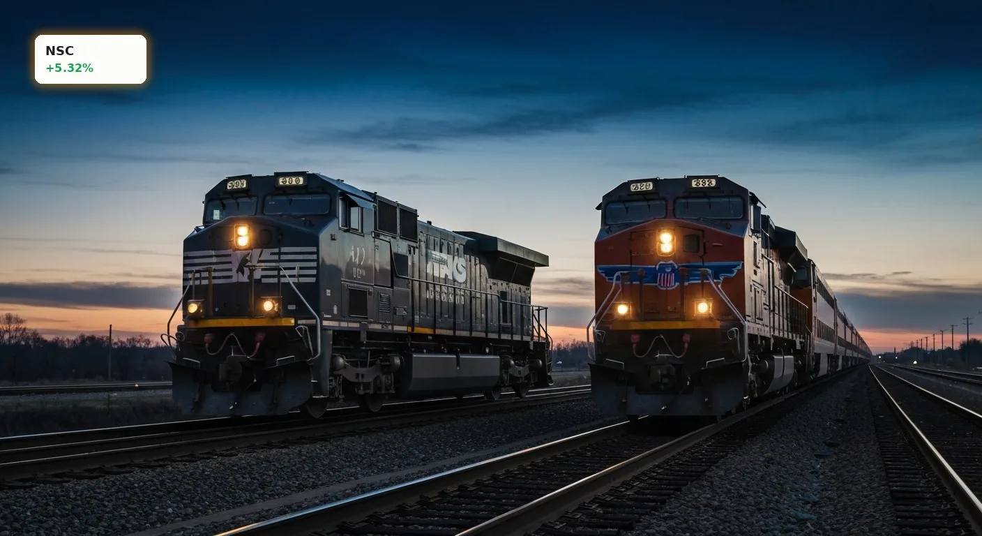 Norfolk Southern Fusion treibt Aktie um +5%: Rekordzahlen überzeugen 3 Zwei Güterzüge auf parallelen Gleisen symbolisieren die geplante Norfolk Southern Fusion in den USA.