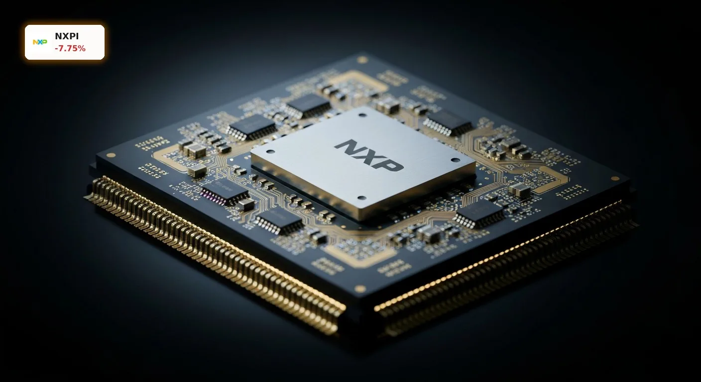 Ein moderner Mikrochip mit NXP-Logo nach dem NXP Semiconductors Quartal auf einer glänzenden Oberfläche.