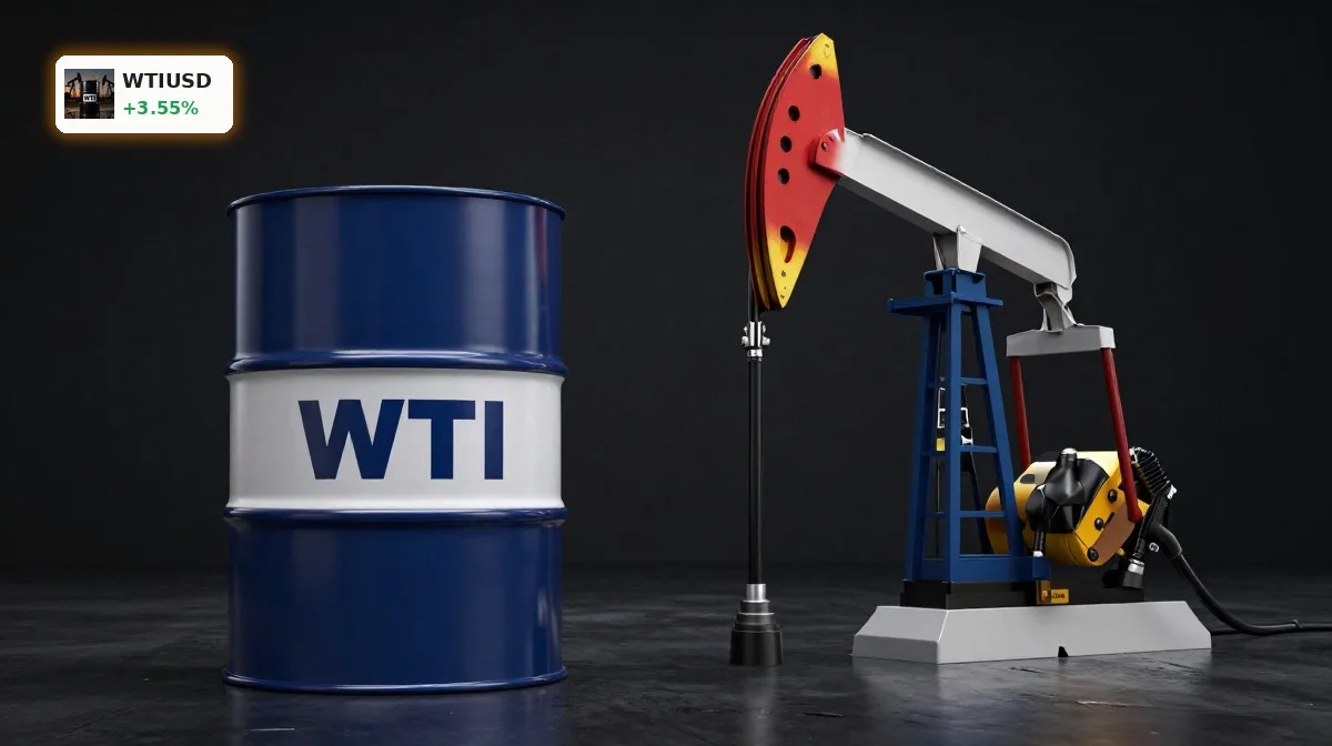 WTI Öl Eskalation: Schock treibt WTI auf $74,82 3 WTI Oel Eskalation mit Rohölfass und Zapfpistole als Symbol für steigende Ölpreise und Marktstress