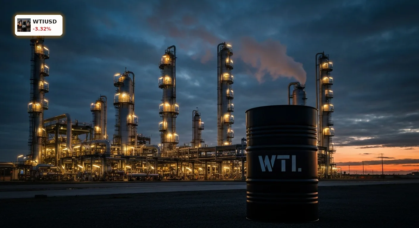 Industrieanlage einer Ölraffinerie bei Dämmerung, Sinnbild für die Bewegung beim WTI Ölpreis.