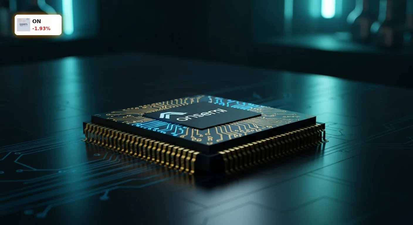 Moderner onsemi Mikrochip mit leuchtenden KI-Schaltkreisen nach der Synaptics Übernahme