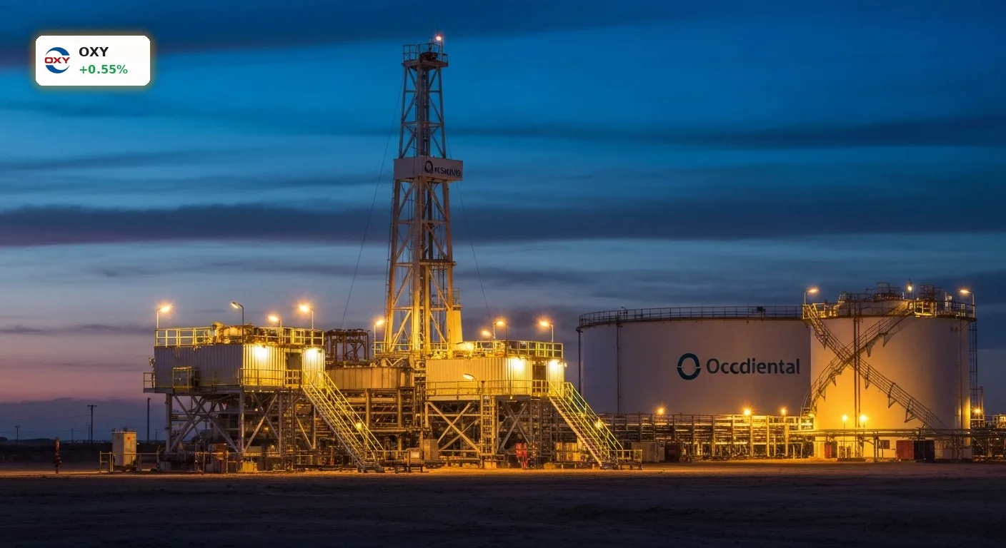 Moderne Ölförderanlage im Permian Basin als Symbol für das langfristige Occidental Petroleum Investment.