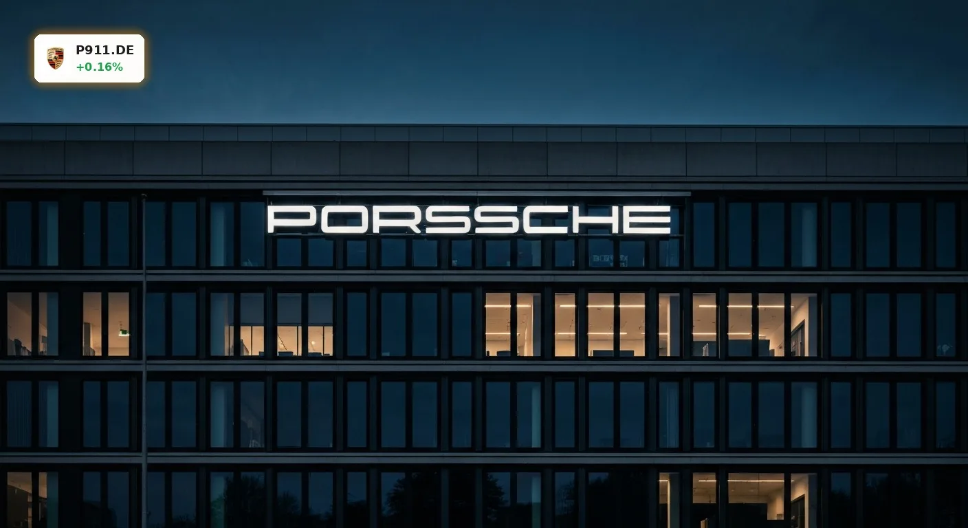 Porsche Sanierung nach -16% Einbruch: Radikaler Jobabbau droht 4 Porsche Sanierung am Hauptsitz in Stuttgart-Zuffenhausen bei Dämmerung mit beleuchtetem Logo an der Fassade