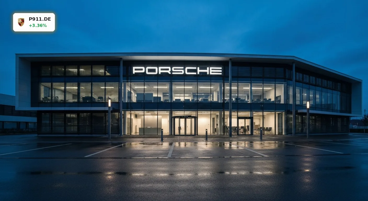 Das moderne Porsche-Hauptquartier bei Dämmerung, Sinnbild für die neuen Pläne vom Porsche Vorstand.