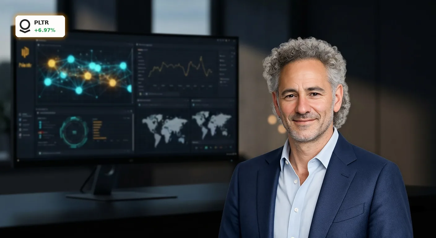 Palantir Quartalszahlen: Modernes Software-Interface der AIP-Plattform auf einem Monitor im dunklen Büro.