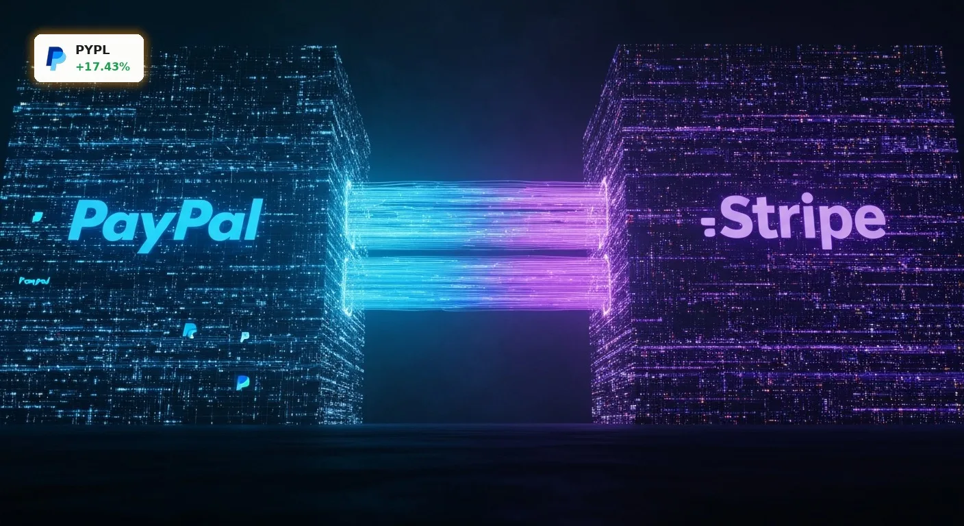 Zwei digitale Finanznetzwerke verschmelzen symbolisch für die geplante PayPal Uebernahme durch Stripe.