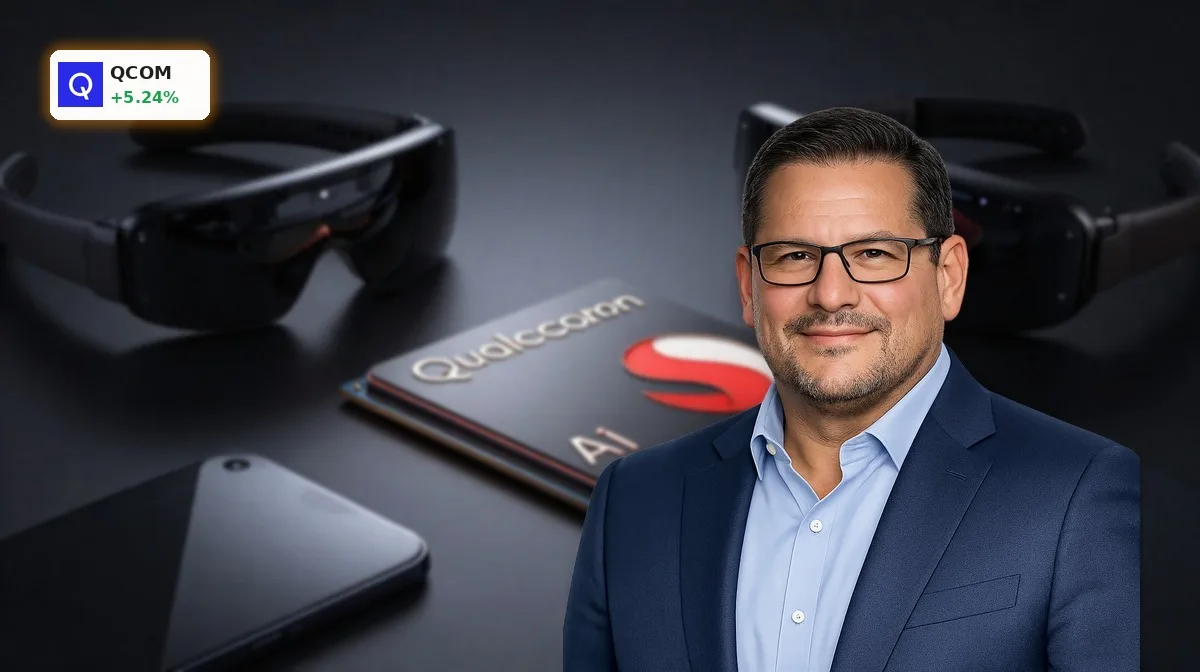 Qualcomm Edge-KI Chip mit KI-Geräten wie AR-Brille, Wearable und Auto-Interface auf dunklem Hintergrund