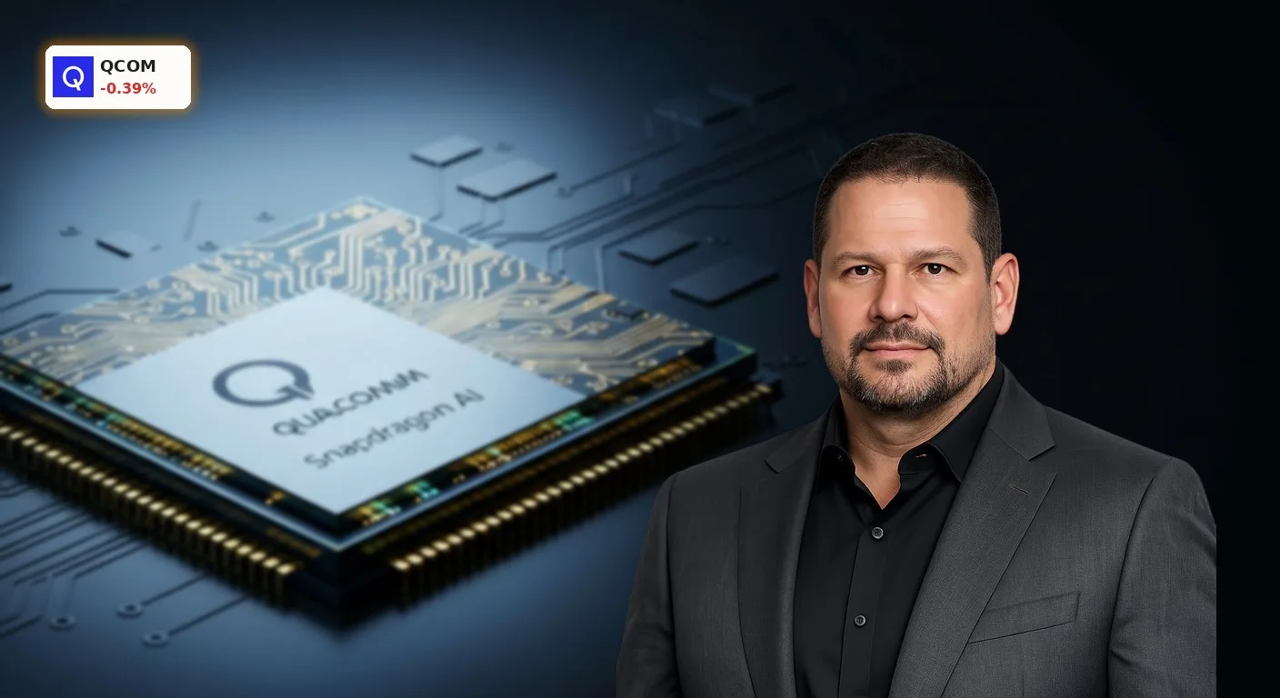 Qualcomm KI: Warum Analysten trotz Tech-Dämpfer an $225 glauben 3 Moderner Halbleiter-Chip mit Qualcomm KI Technologie auf einer leuchtenden Platine im Studio-Licht.