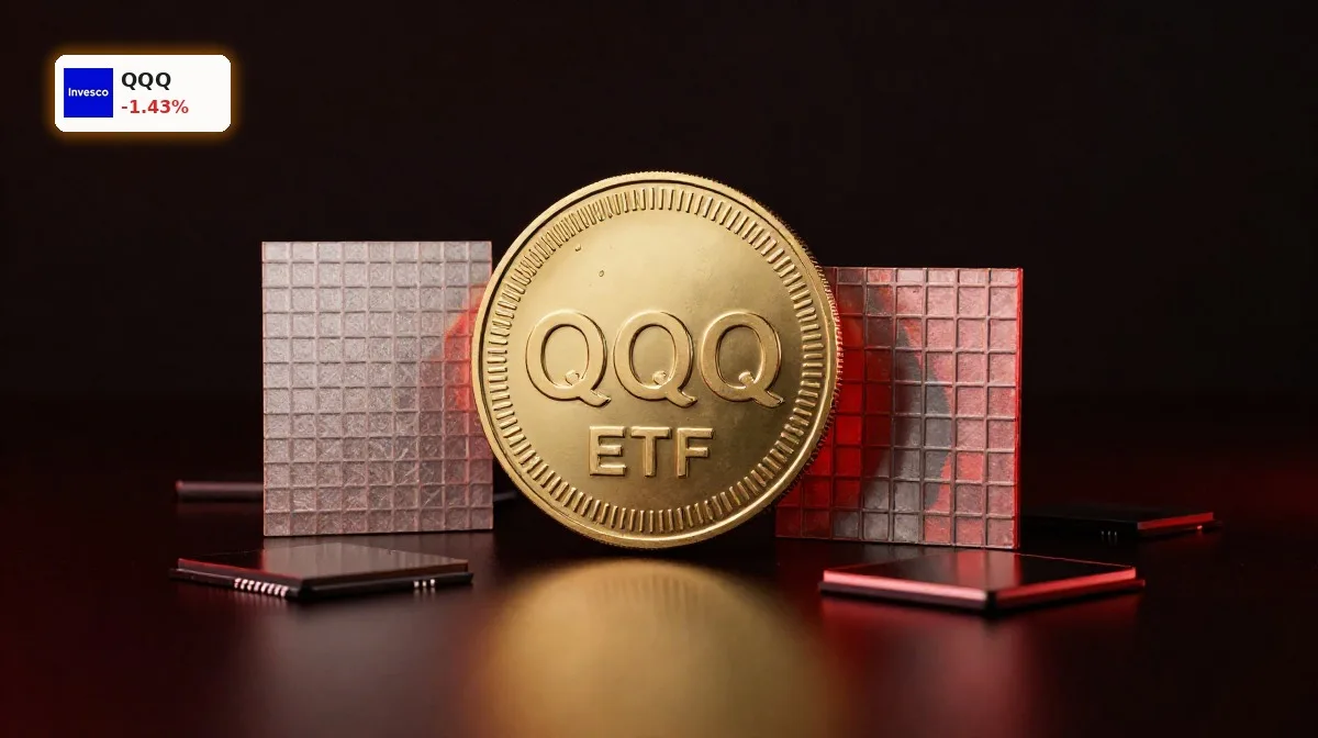Nasdaq 100 Chip-Abverkauf belastet QQQ mit ETF-Symbol und Halbleiterchips in dunkler Inszenierung