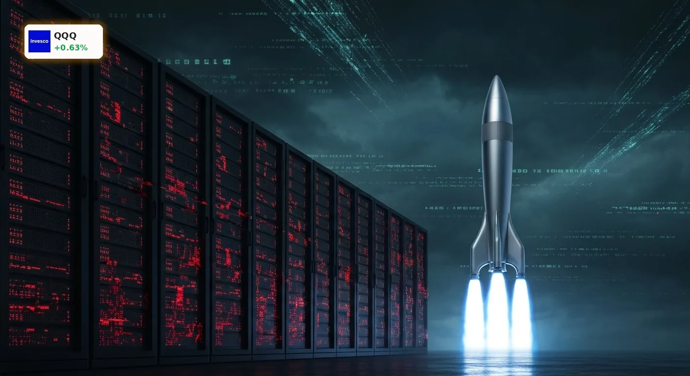 QQQ Index im Fokus: IBM-Absturz und SpaceX-Risiken belasten 3 Symbolbild zum QQQ Index mit einer startenden Weltraumrakete und einer verfallenden IT-Server-Infrastruktur.