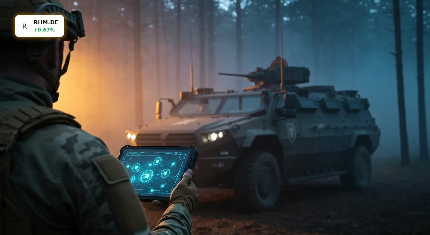 Rheinmetall Bundeswehr: 1,2 Milliarden Euro Boom durch Großauftrag 4 Modernes vernetztes Militärfahrzeug der Rheinmetall Bundeswehr bei einer Digitalisierungs-Übung im Wald.