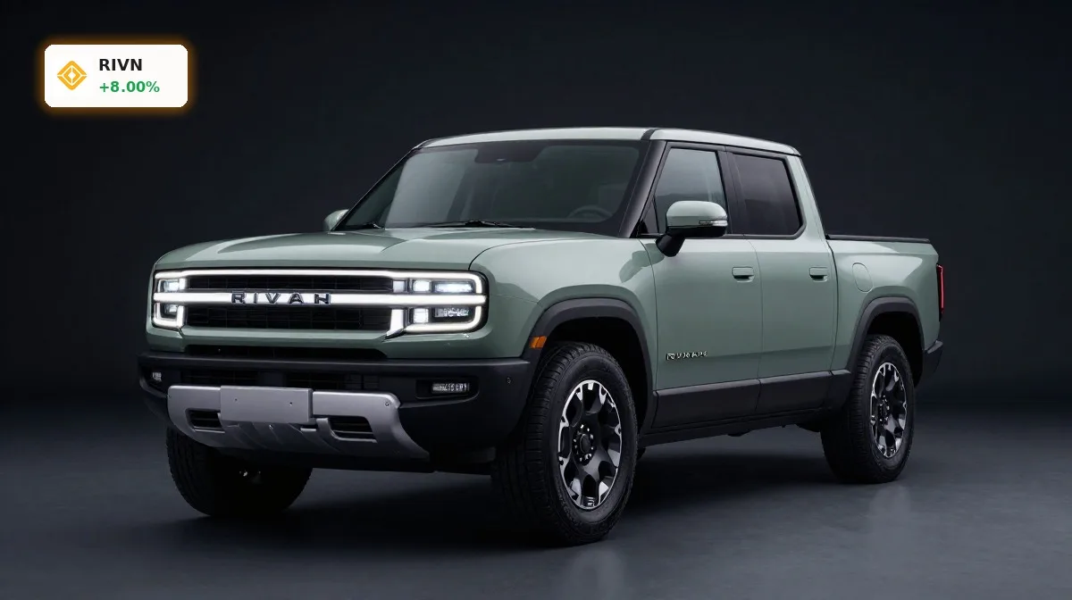 Rivian Kapitalerhoehung im Fokus mit elegant inszeniertem Elektro-Pickup vor dunklem Studiohintergrund