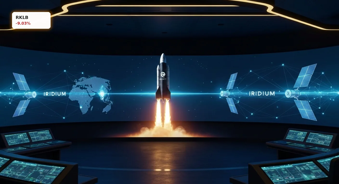 Holografische Darstellung im Kontrollzentrum zur Rocket Lab Uebernahme von Iridium mit Rakete und Satellitennetzwerk.