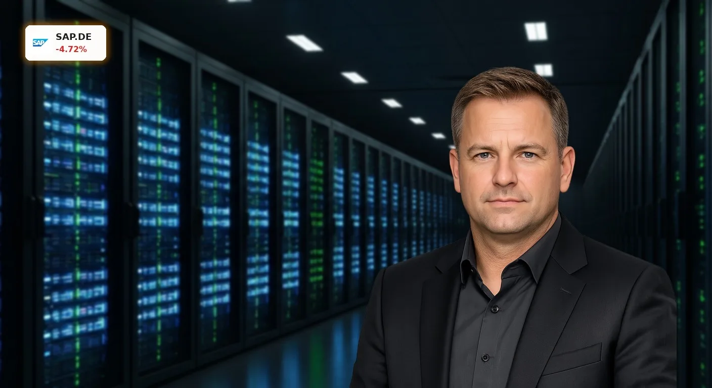 Modernes Rechenzentrum mit leuchtenden Server-Racks, symbolisiert das starke SAP Quartal und Cloud-Wachstum.