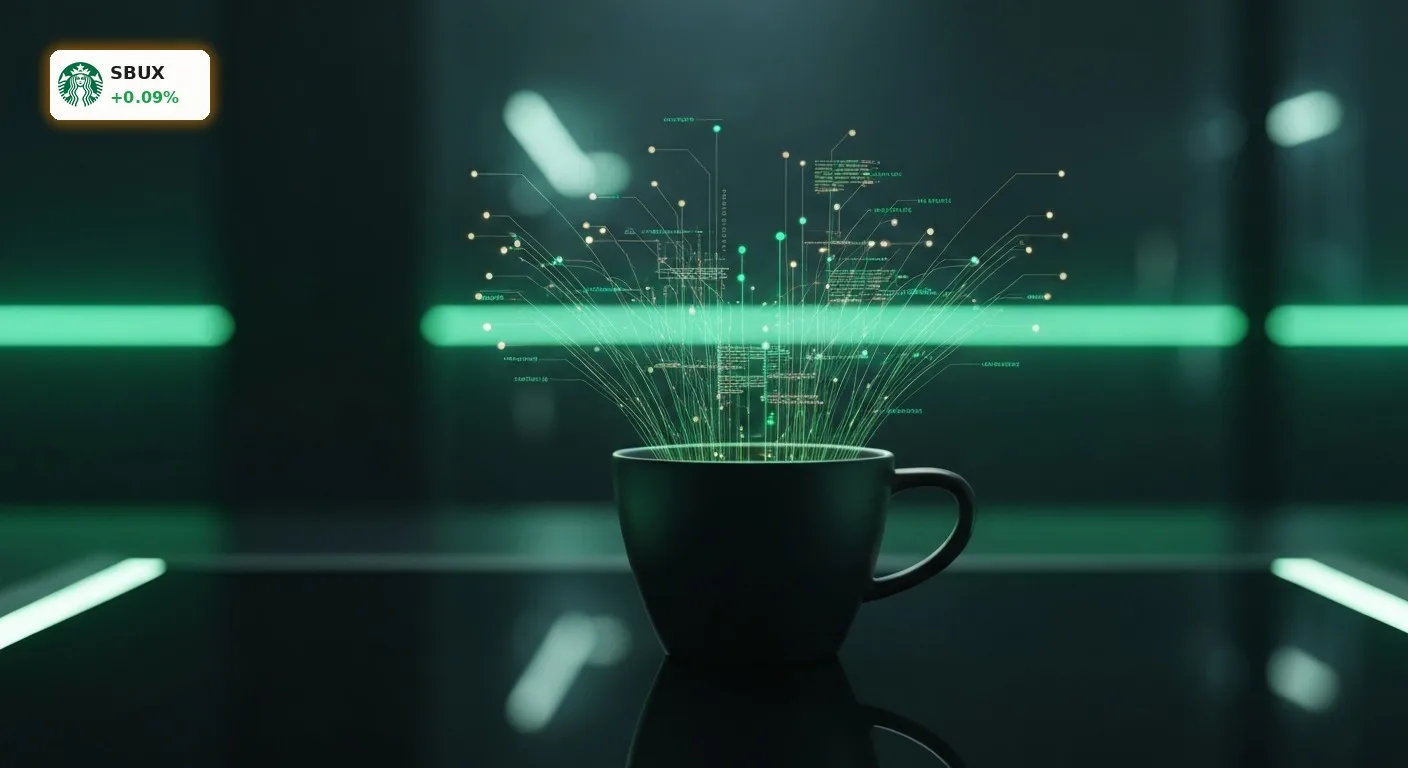 Starbucks KI spart Millionen: Tech-Offensive schockt Microsoft und IBM 4 Eine Kaffeetasse mit grün leuchtenden Datenströmen symbolisiert die neue Starbucks KI-Software.