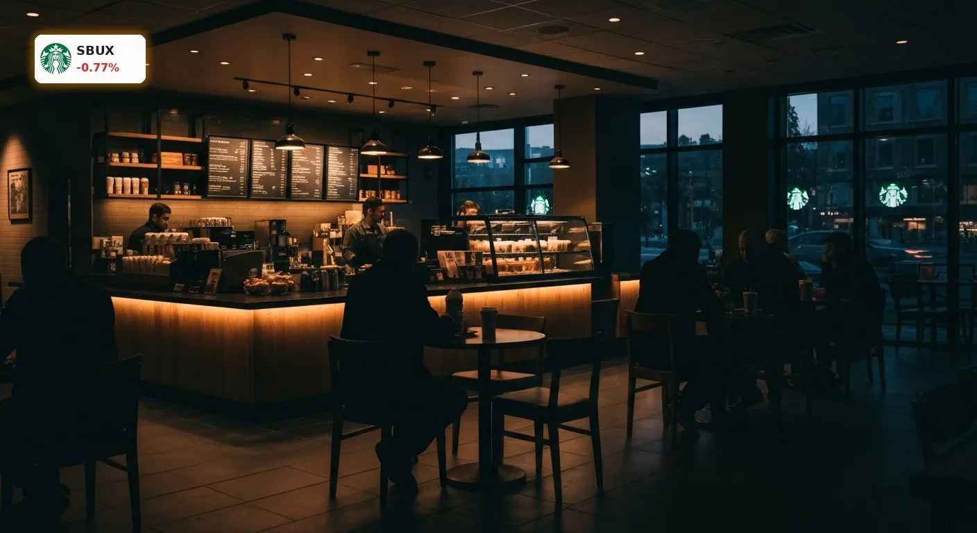 Einladendes Starbucks-Café bei Dämmerung, warme Beleuchtung, Kunden genießen Getränke. Starbucks Quartalszahlen.