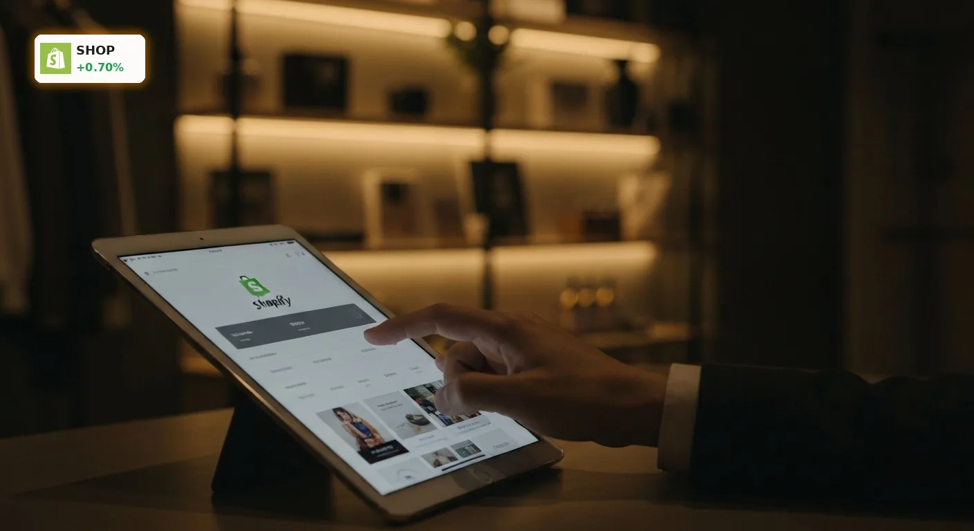 Shopify Kurs kämpft nach 30% Rückgang: Wann kommt das Comeback? 4 Shopify Kurs Analyse: E-Commerce Dashboard auf Tablet in moderner Boutique