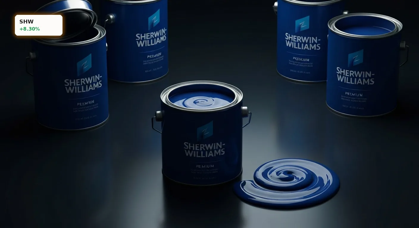 Sherwin-Williams Quartalszahlen sorgen für Kursfeuerwerk: Premium-Farbdosen des Herstellers elegant im Studio inszeniert.