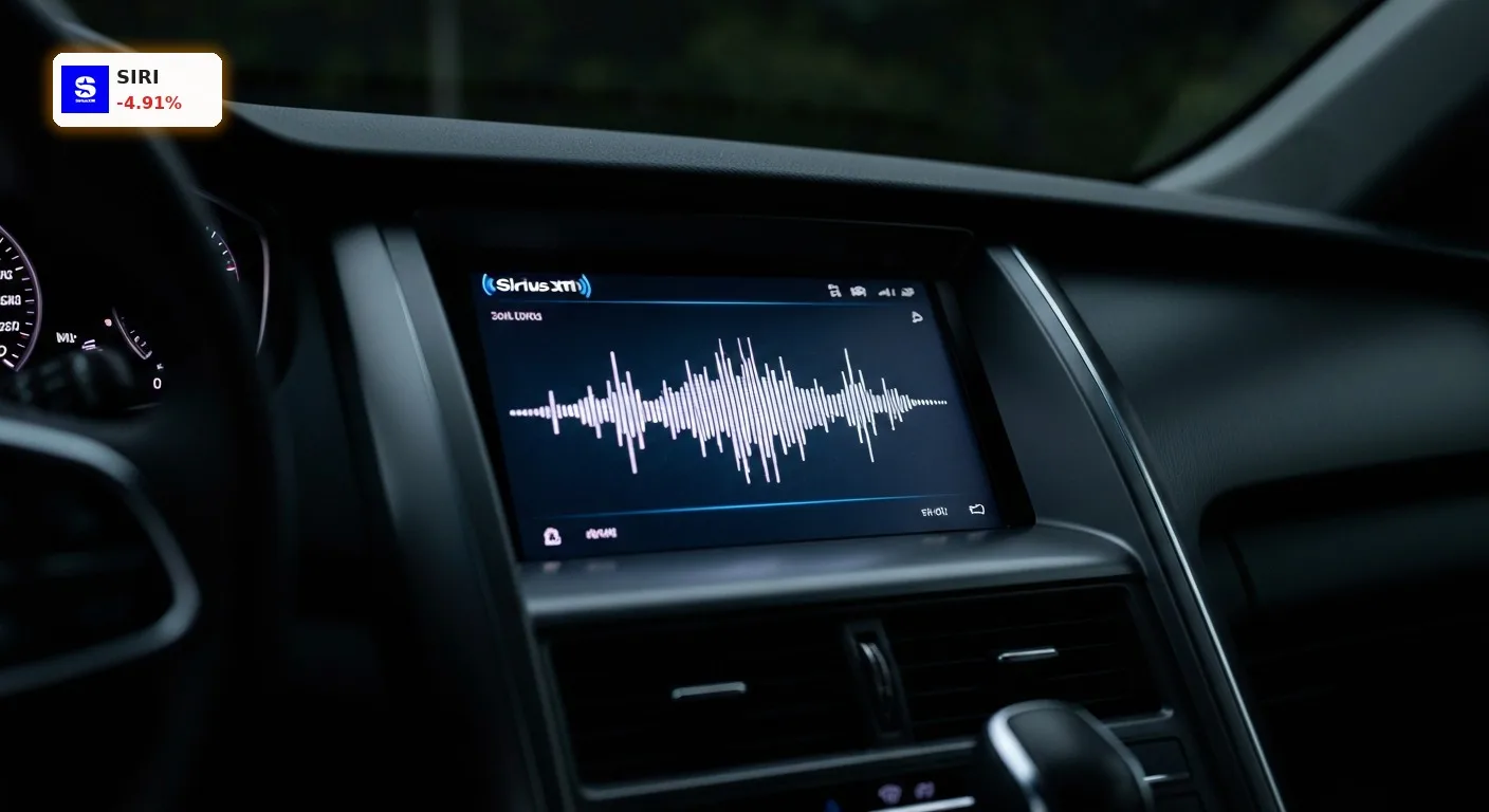 Modernes Autointerieur bei Nacht mit leuchtendem Sirius XM Satellitenradio-Display, das die Sirius XM Quartalszahlen visualisiert.