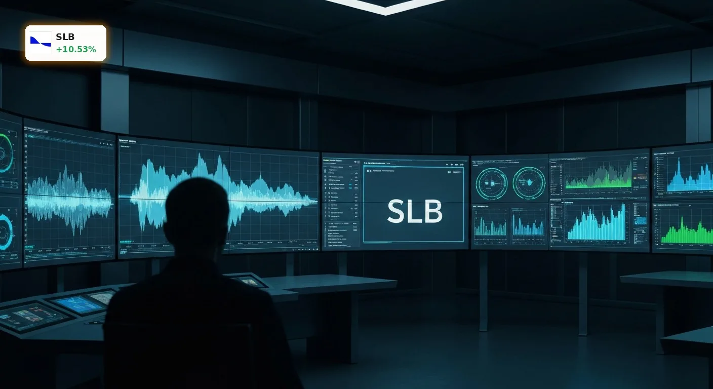 Digitales Kontrollzentrum visualisiert starke Schlumberger Quartalszahlen und KI-Wachstum im Energiesektor.