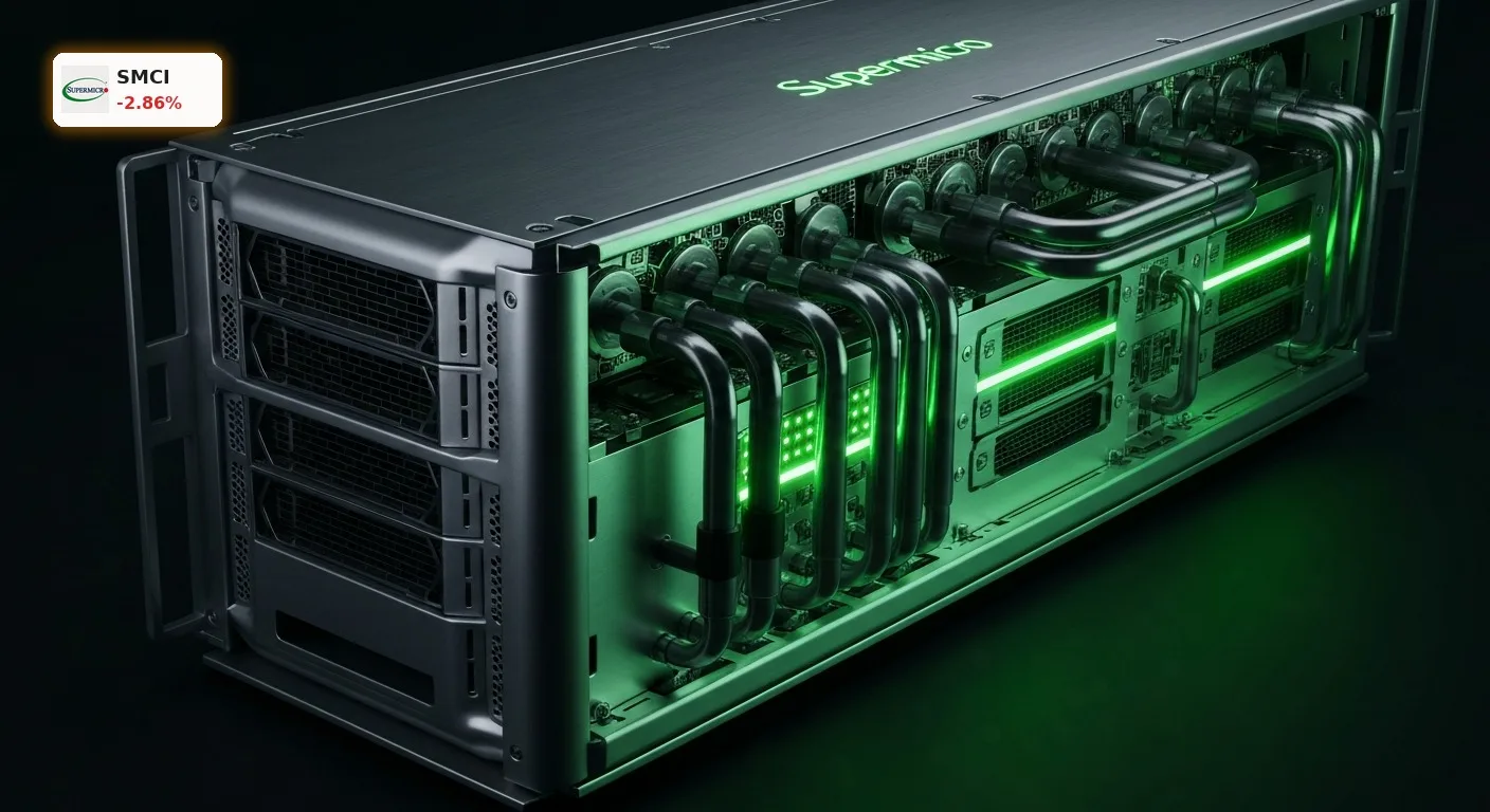 Super Micro Computer Quartal enttäuscht: Aktie verliert 2,9% 3 Super Micro Computer Quartal: Moderner KI-Server mit grüner LED-Beleuchtung im Studio-Licht.