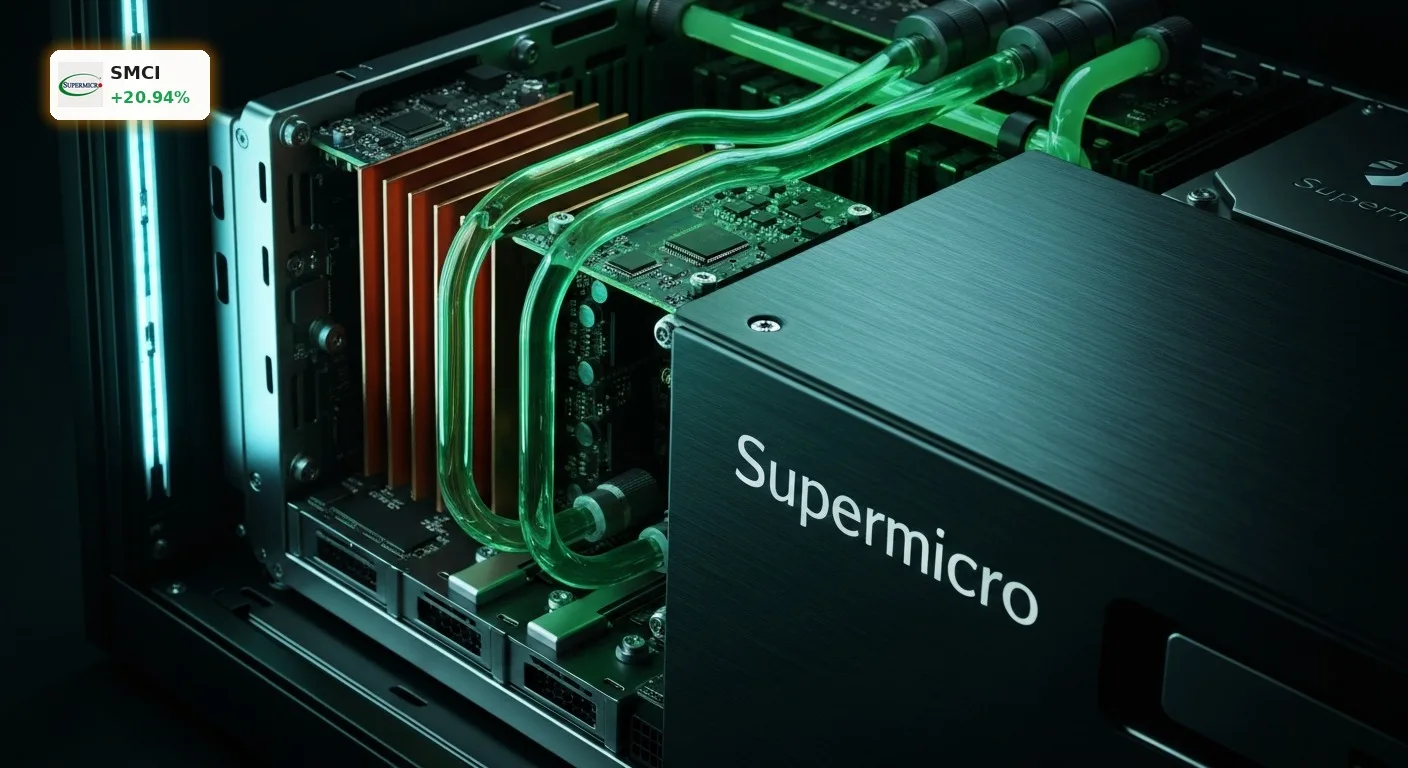 Starke Super Micro Margen beflügeln die Aktie: Ein modernes, flüssigkeitsgekühltes KI-Server-Rack im Rechenzentrum.