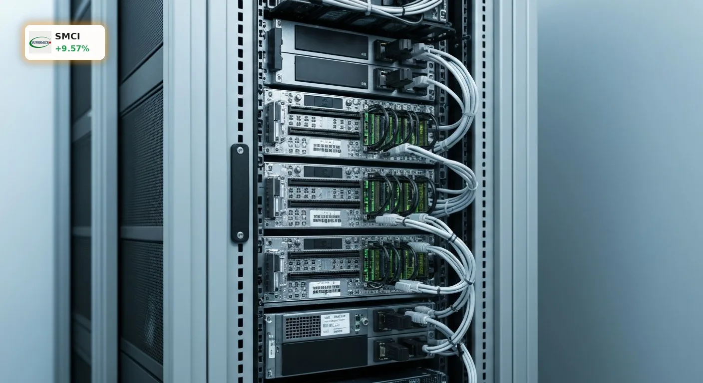 Super Micro Computer Auftrag: +9.6% Rallye durch Rekord-Auftragsbestand und KI-Boom 6 Super Micro Computer AI-Server-Rack mit Flüssigkeitskühlung in einem modernen Rechenzentrum.