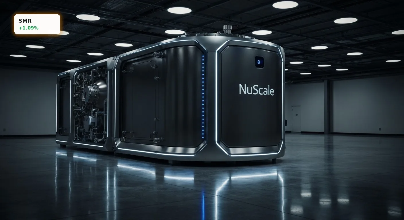 Ein hochmoderner NuScale Power SMR Reaktor in einer futuristischen, sauber ausgeleuchteten Industrieanlage