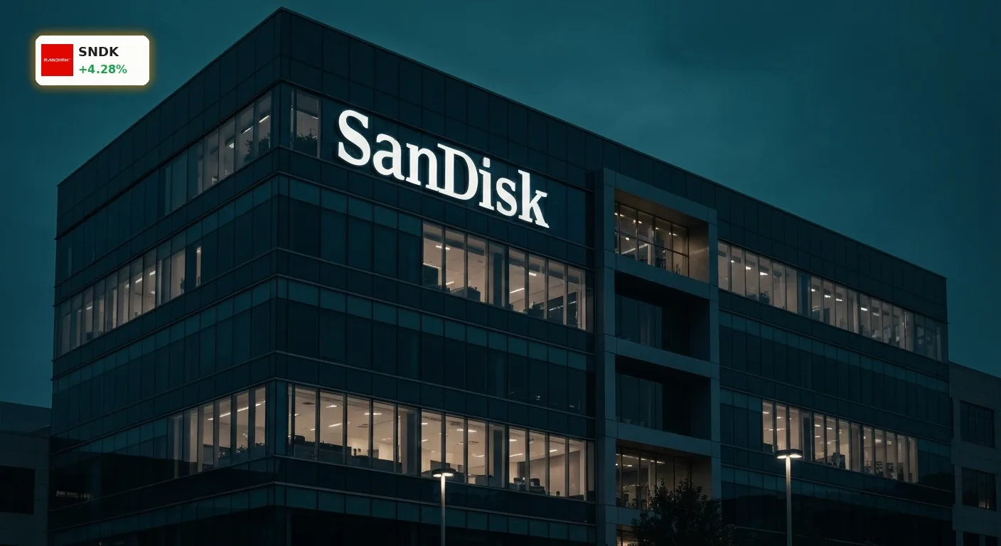 SanDisk Quartalszahlen im Fokus: Aktie springt um 4,3% an 4 Modernes SanDisk Firmengebäude bei Nacht vor den SanDisk Quartalszahlen