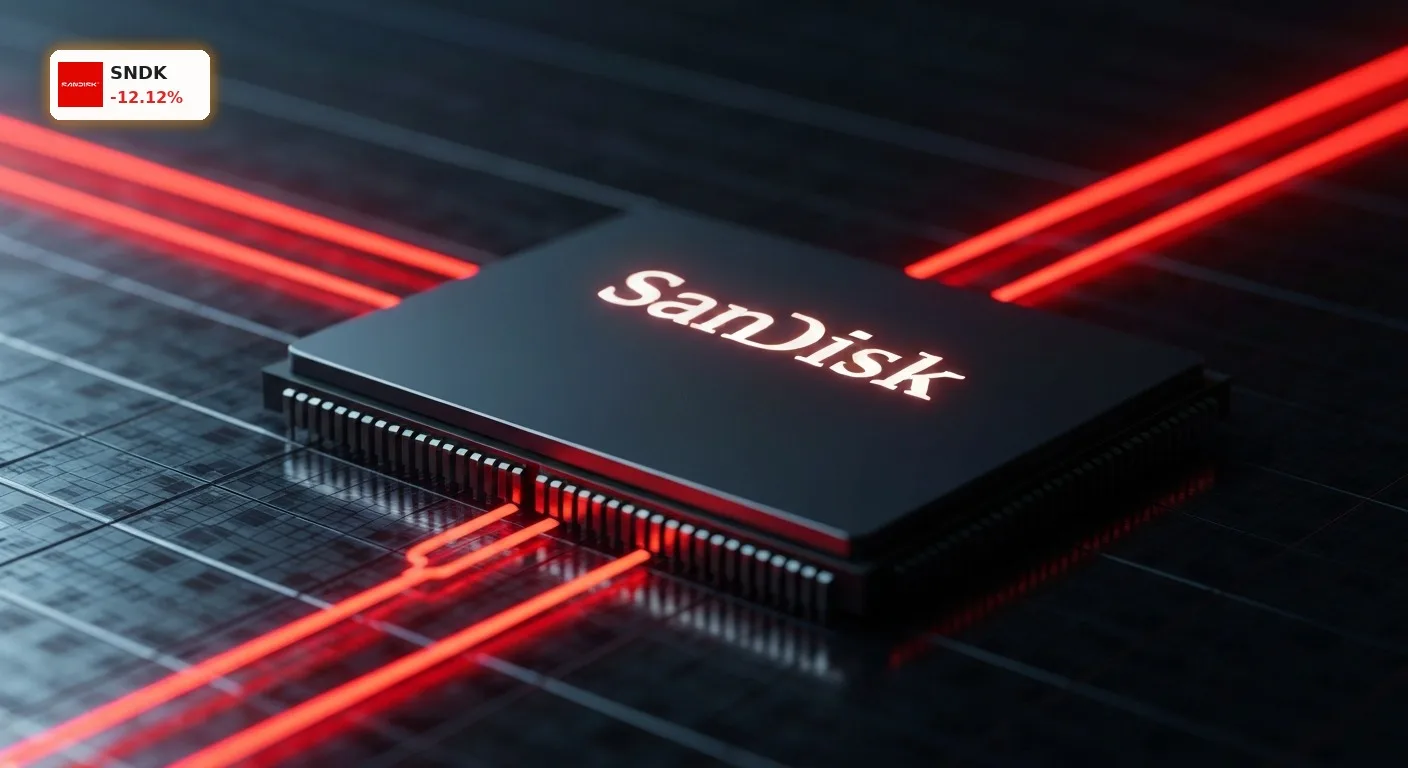 SanDisk Kursrückgang: SanDisk Speicherchip auf dunklem Wafer mit roten Lichteffekten.