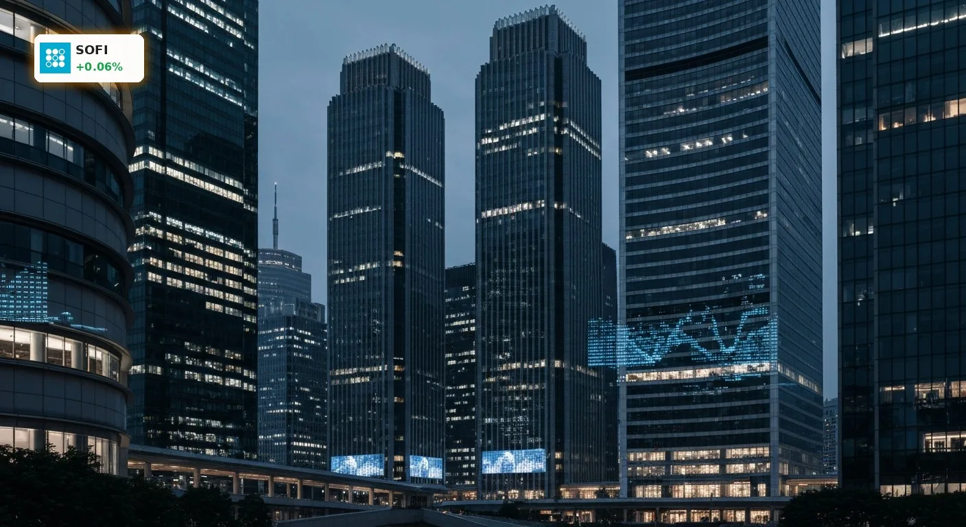 SoFi Technologies Quartalszahlen: Rekordwachstum trotz 42% Kursrutsch 3 Moderne Skyline eines Finanzviertels bei Dämmerung, die das Wachstum von SoFi Technologies Quartalszahlen symbolisiert.